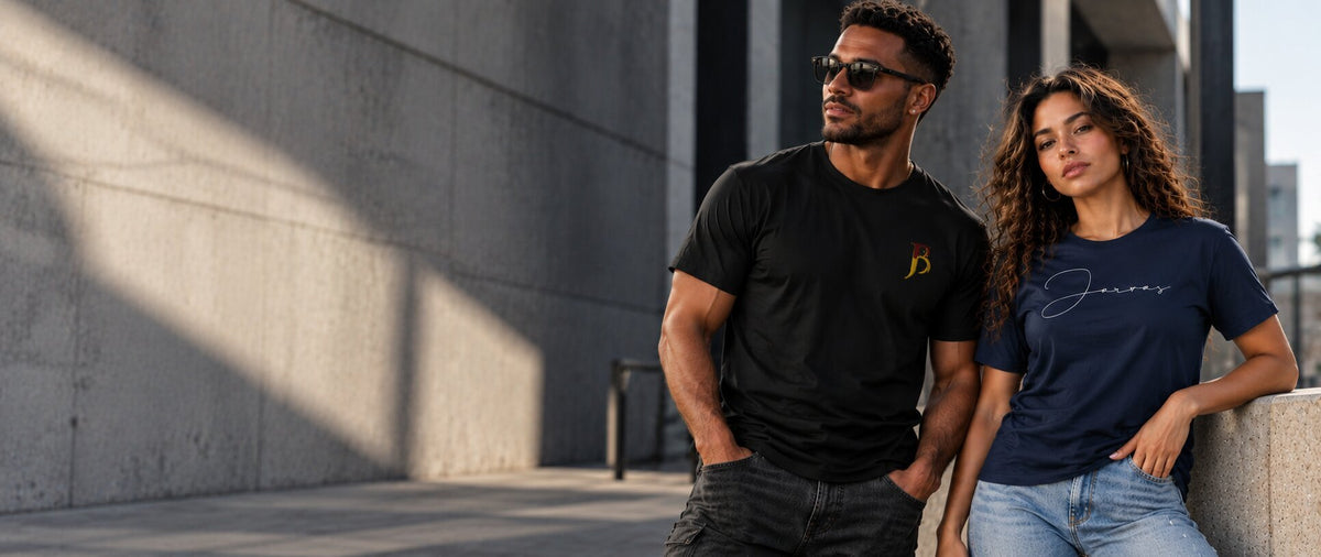 A man and a woman standing outdoors against a concrete wall, wearing branded t-shirts. The man wears a black t-shirt with a small yellow logo on the chest, and the woman wears a navy blue t-shirt with a white script logo.