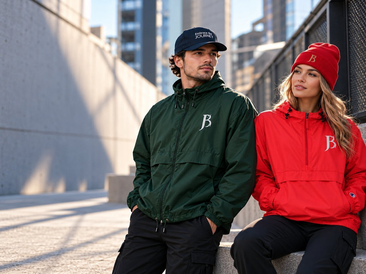 Two models sitting outdoors on a concrete ledge in an urban setting, wearing matching B Corp windbreaker jackets in forest green and bright red, along with matching B Corp branded beanies.